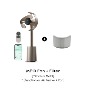 Blade-less standing fan in titanium gold with remote, phone app, and replacement filter