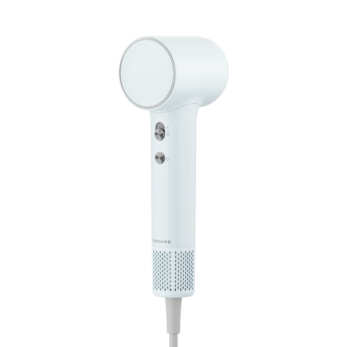 Mini hairdryer, light blue body with round concentrator nozzle and vented grille handle