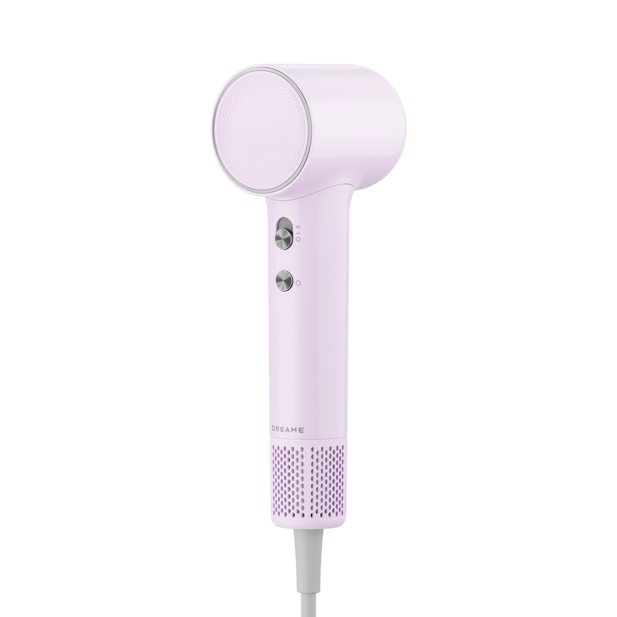 Mini hairdryer, purple body with round concentrator nozzle and vented grille handle