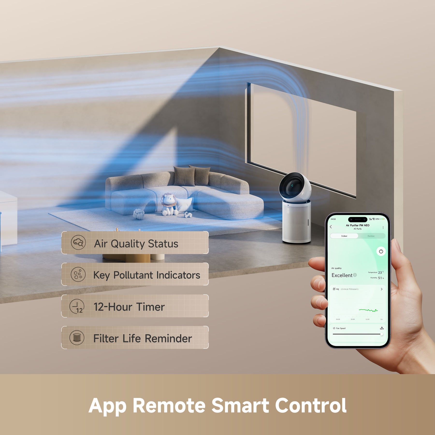White air purifier with top vent and remote app control screen