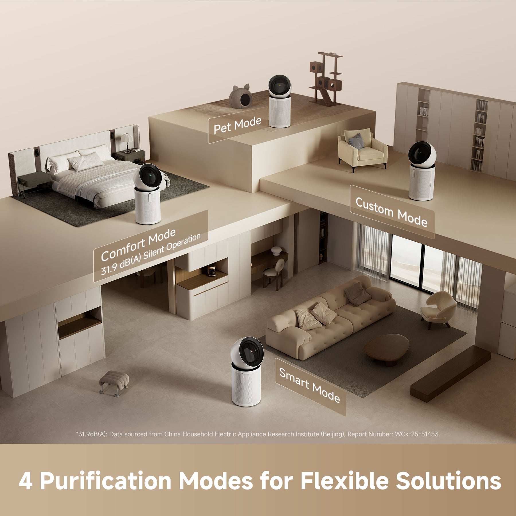 White air purifier cylinders in corners, with top vent for air cleaning