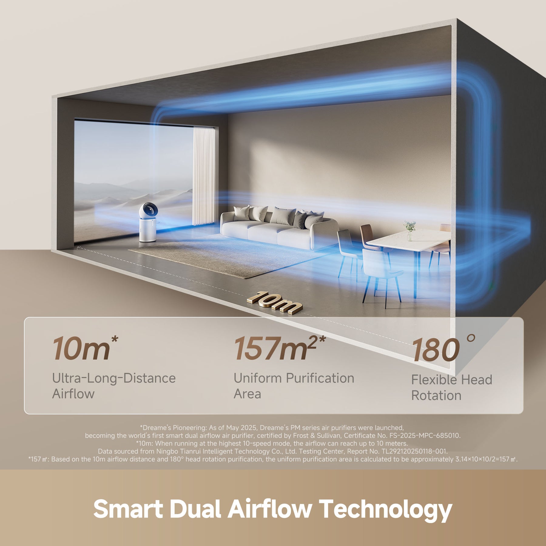 Air purifier with dual airflow outlets and blue airflow stream, shown in a room
