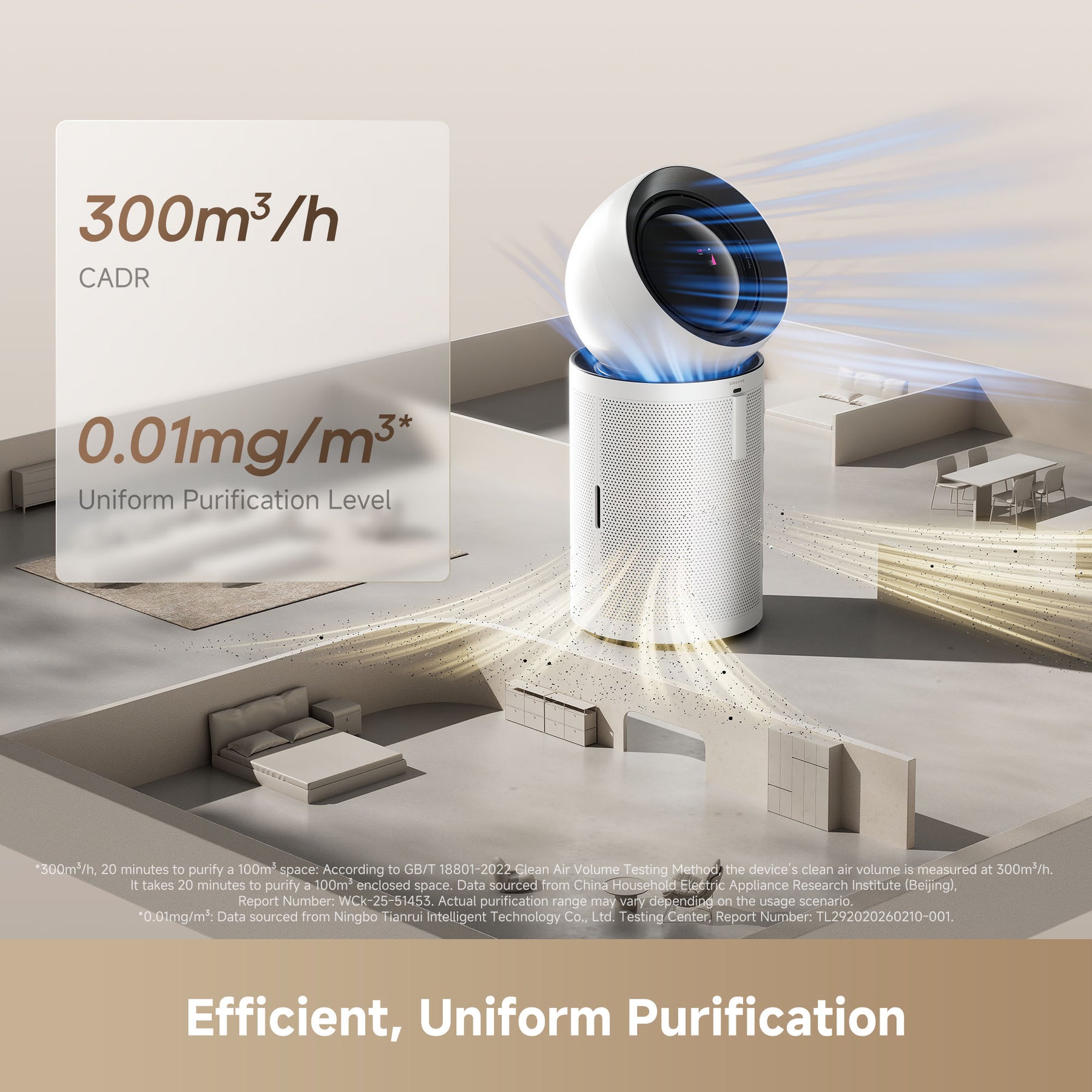 Air purifier with circular top inlet and blue airflow stream, with room layout