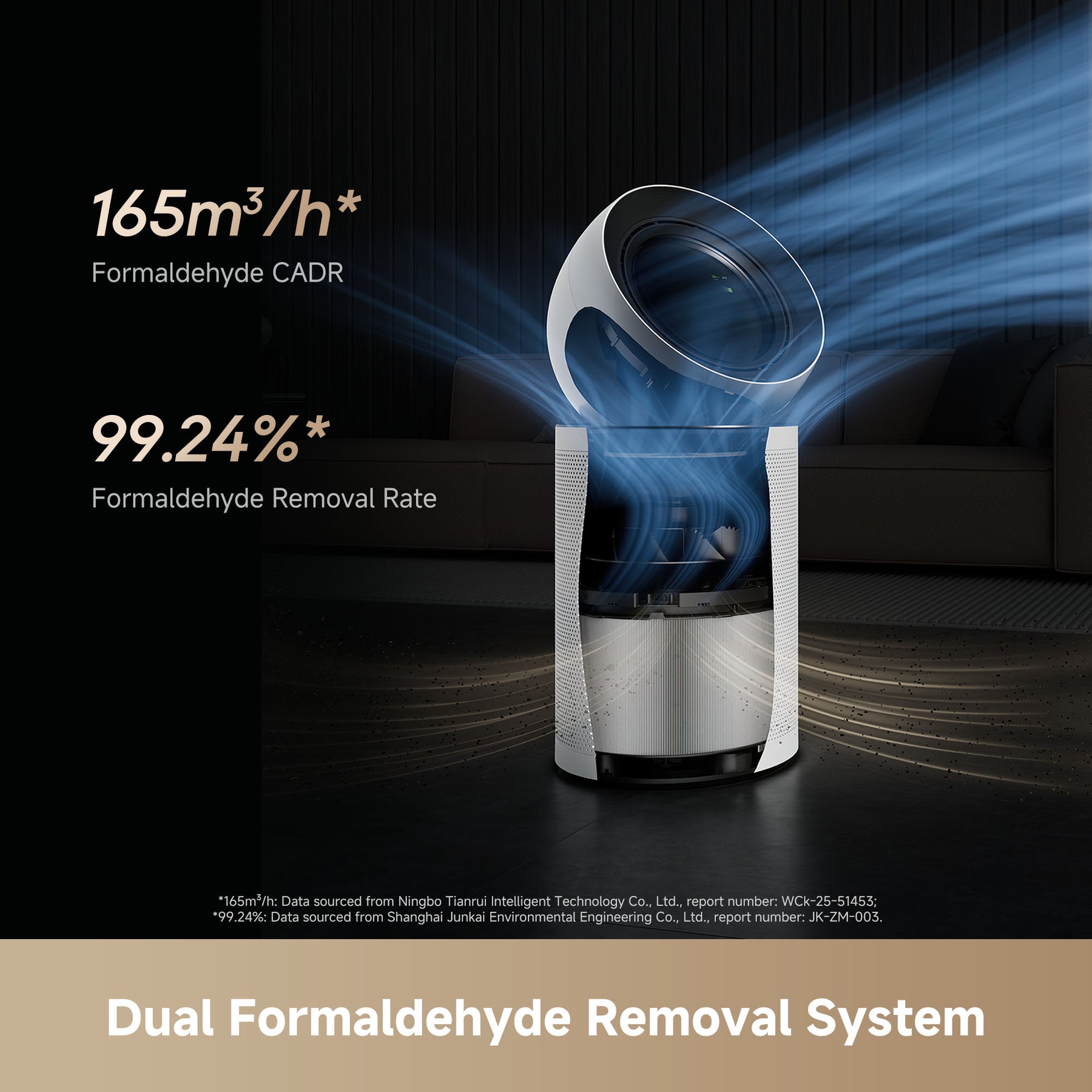 Air purifier with dual airflow outlet and blue swirl graphic, showing formaldehyde data