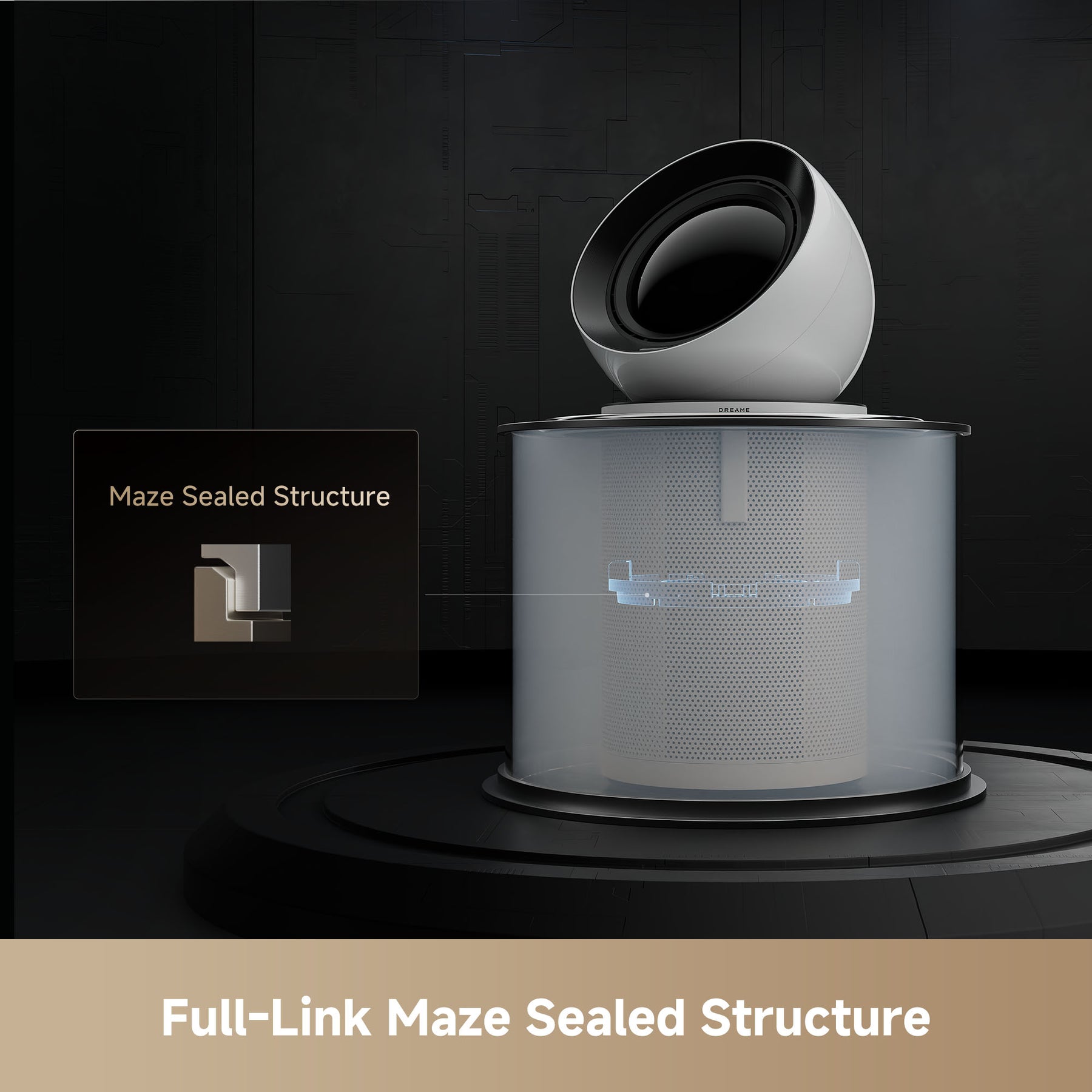 White air purifier with sealed maze structure shown at the base and side
