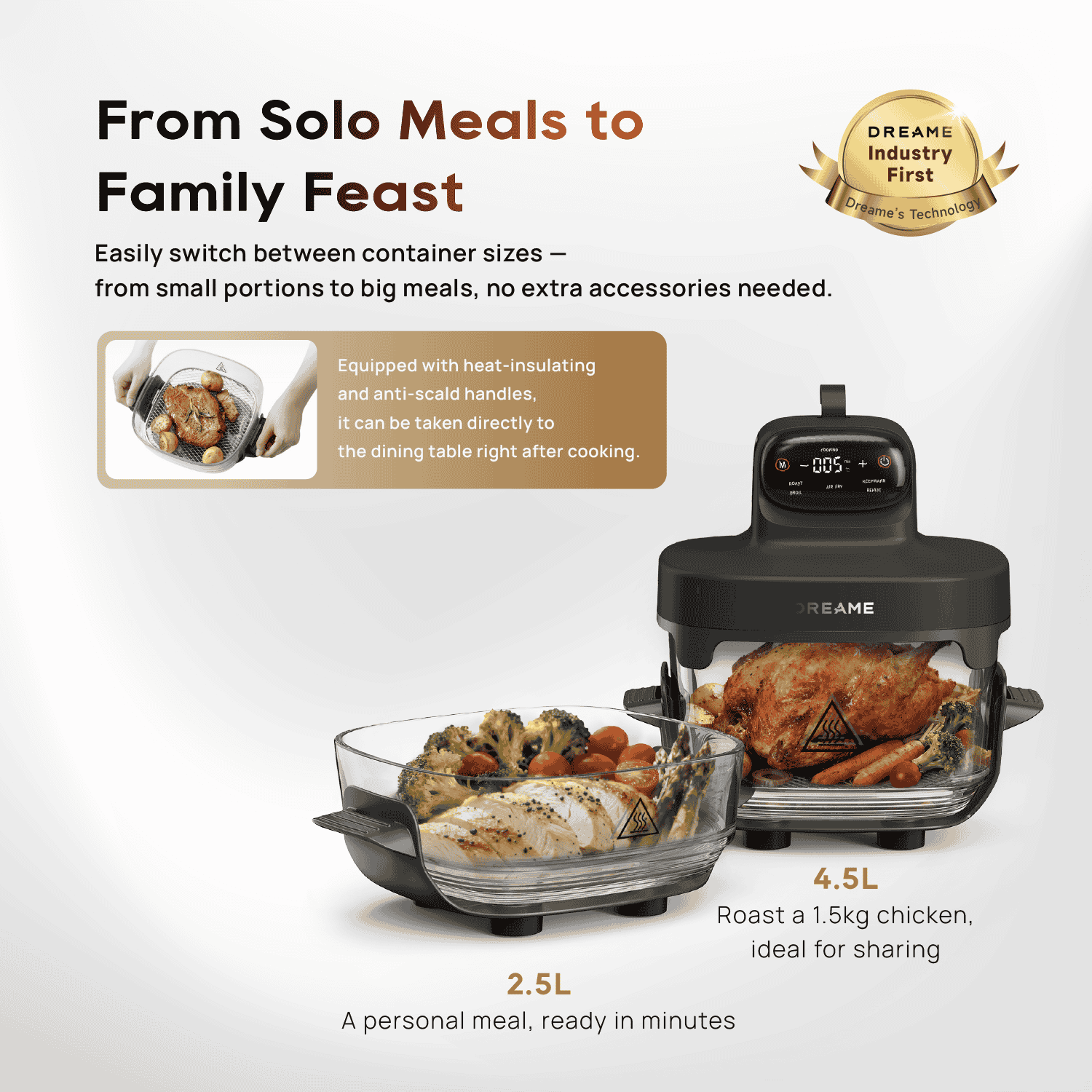 Portable glass air fryer, black with viewing window and cook tray