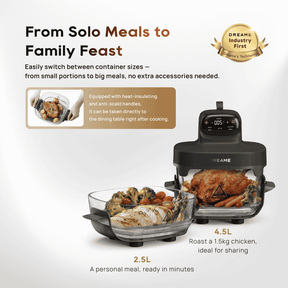 Portable glass air fryer, black with viewing window and cook tray