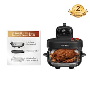 Portable glass air fryer, black, with 2.5L glass container and freshness lid