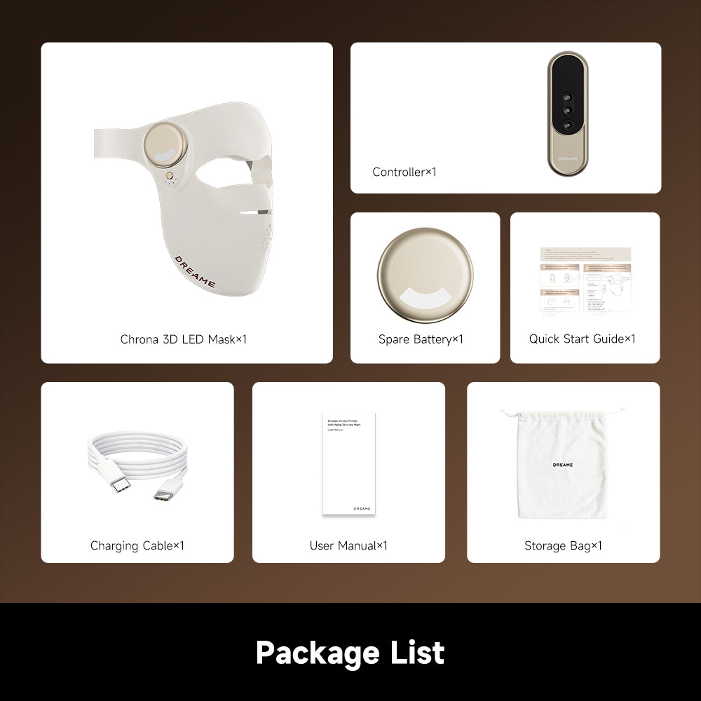 Dreame Chrona Proton 3D LED face mask kit with controller, cable, manual, and storage bag