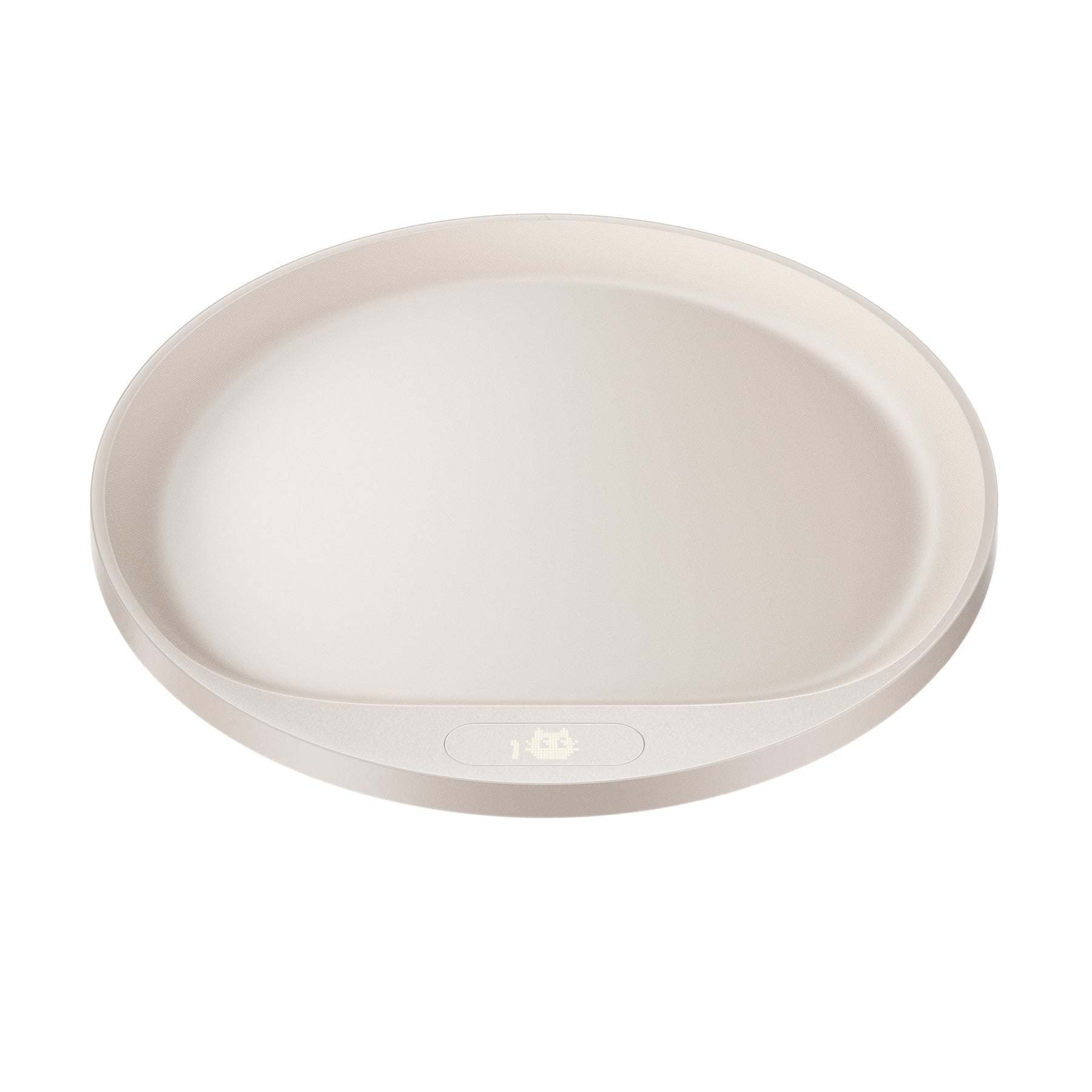 Pet weighing tray, round shallow bowl in light beige with embossed logo