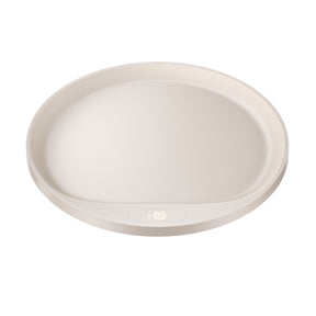 Pet weighing tray, round shallow bowl in light beige with embossed logo
