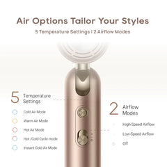 Pocket hairdryer with 5 temperature settings and 2 airflow modes