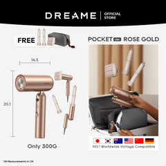 Rose gold pocket hair dryer with removable attachments and storage pouch