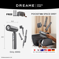 Space gray pocket hair dryer with removable attachments and storage pouch