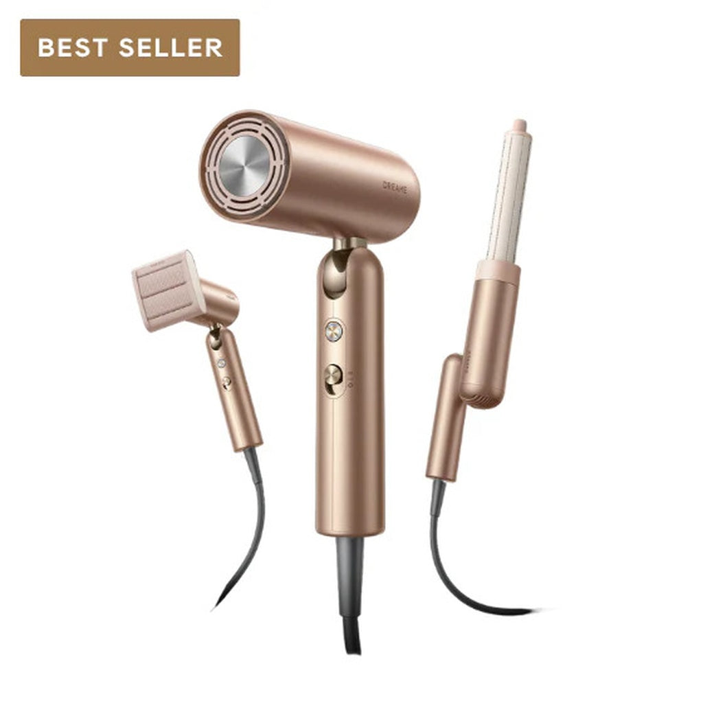 Rose gold pocket hair dryer with concentrator and diffuser attachments