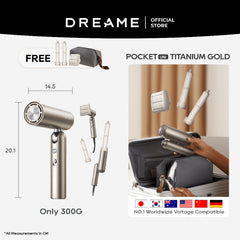 Titanium gold pocket hair dryer with removable attachments and compact pouch
