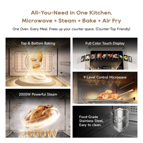 Countertop microwave steam oven with full-color touch display and menu icons, front.