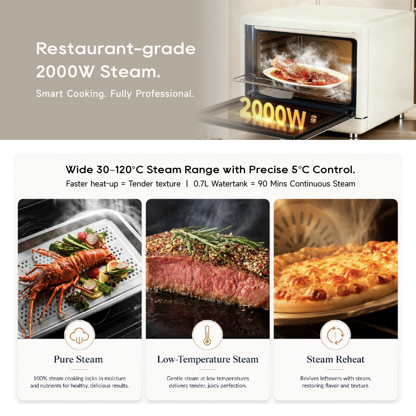 Microwave steam oven steam cooking modes graphic with oven and plated food.