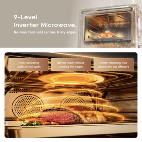 Microwave steam oven door open with food heating inside illuminated cavity.