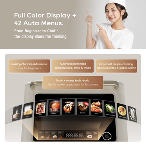 Microwave steam oven with full-color display and preset menu icons on control panel.