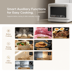 Microwave steam oven with smart auxiliary cooking function icons for every stage.