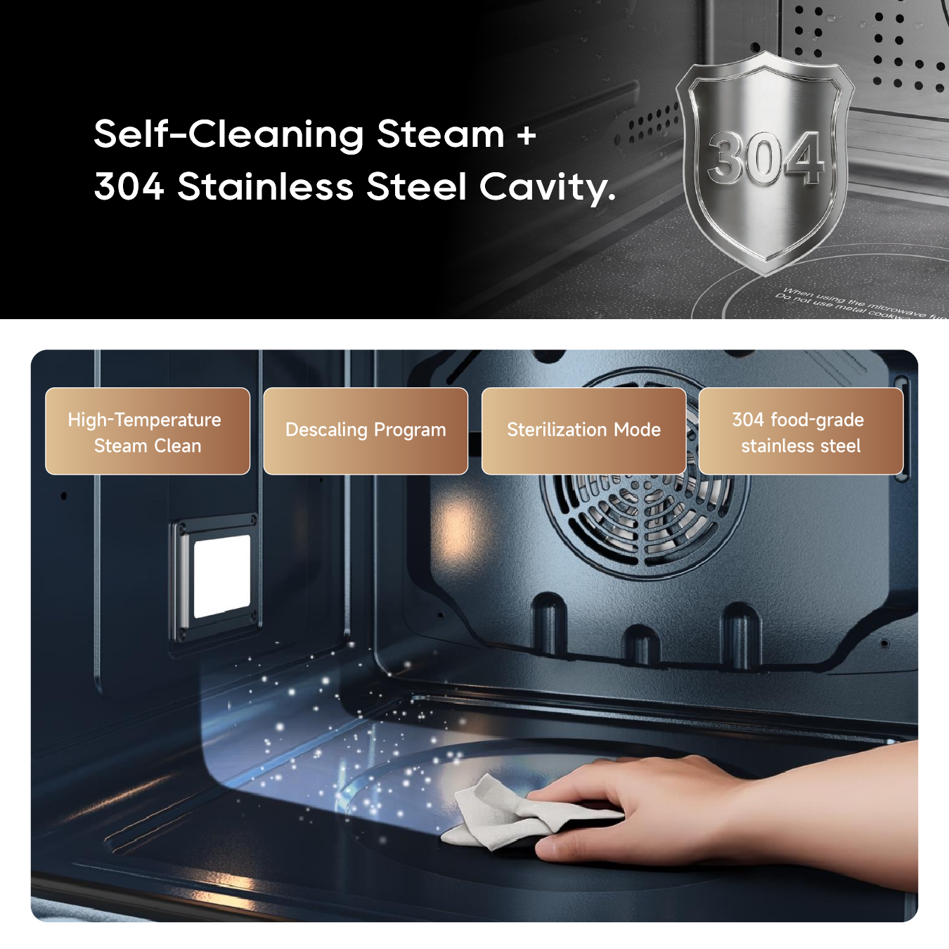 Combi microwave steam oven with stainless steel interior, hand wiping cavity with cloth