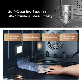 Combi microwave steam oven with stainless steel interior, hand wiping cavity with cloth
