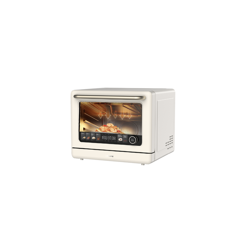 White countertop combi microwave steam oven with glass door and control panel, closed.