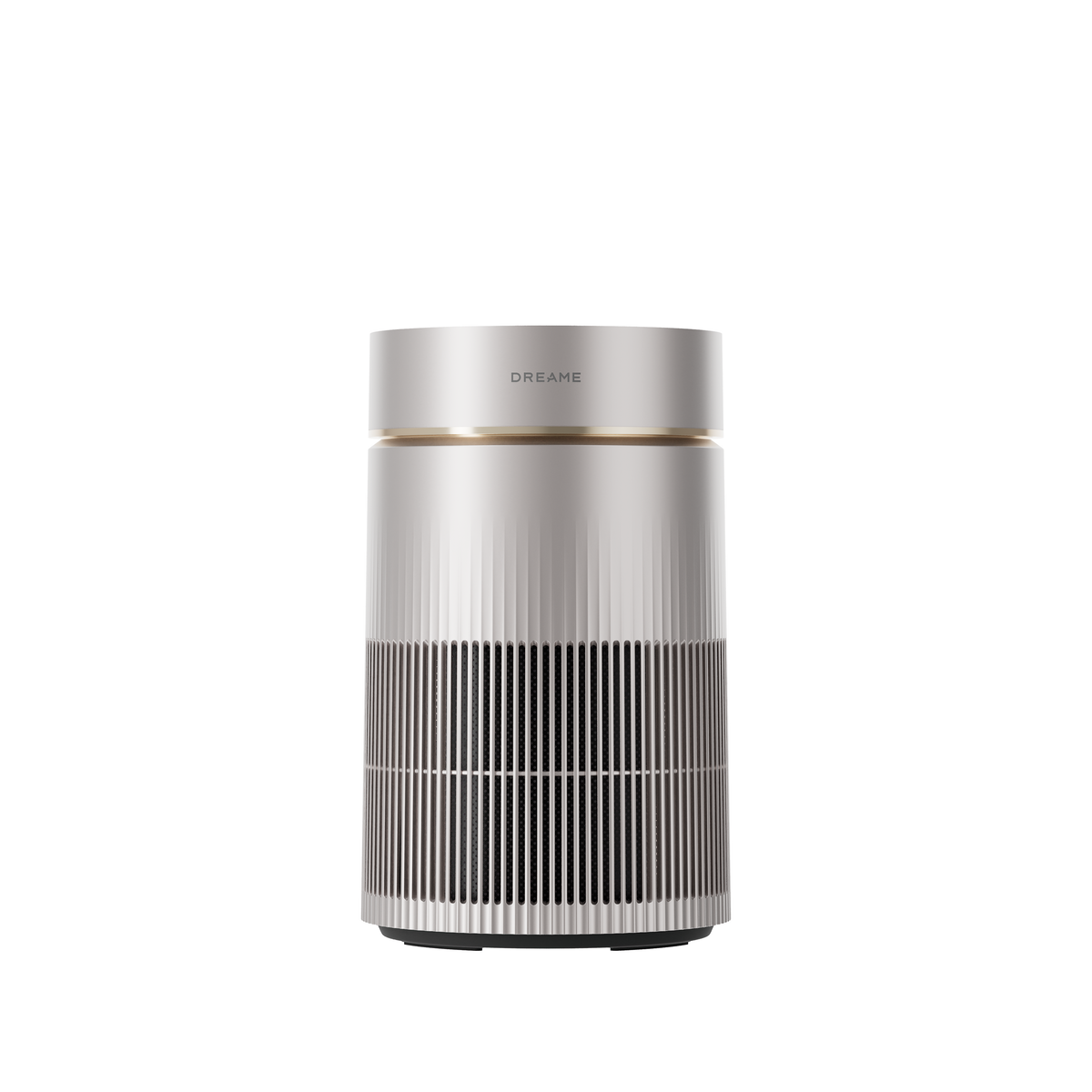 Dreame cylindrical air purifier with vertical grille and gold trim, desktop tower fan
