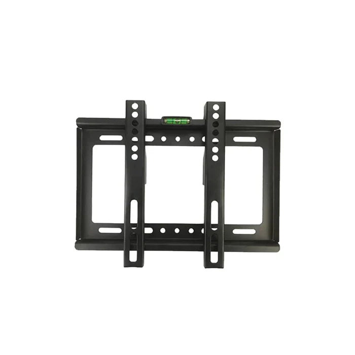 Black TV rack wall mount bracket with adjustable holes and built-in level
