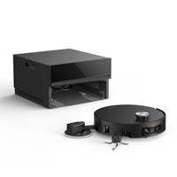 Black robot vacuum and mop with charging dock and open maintenance bay