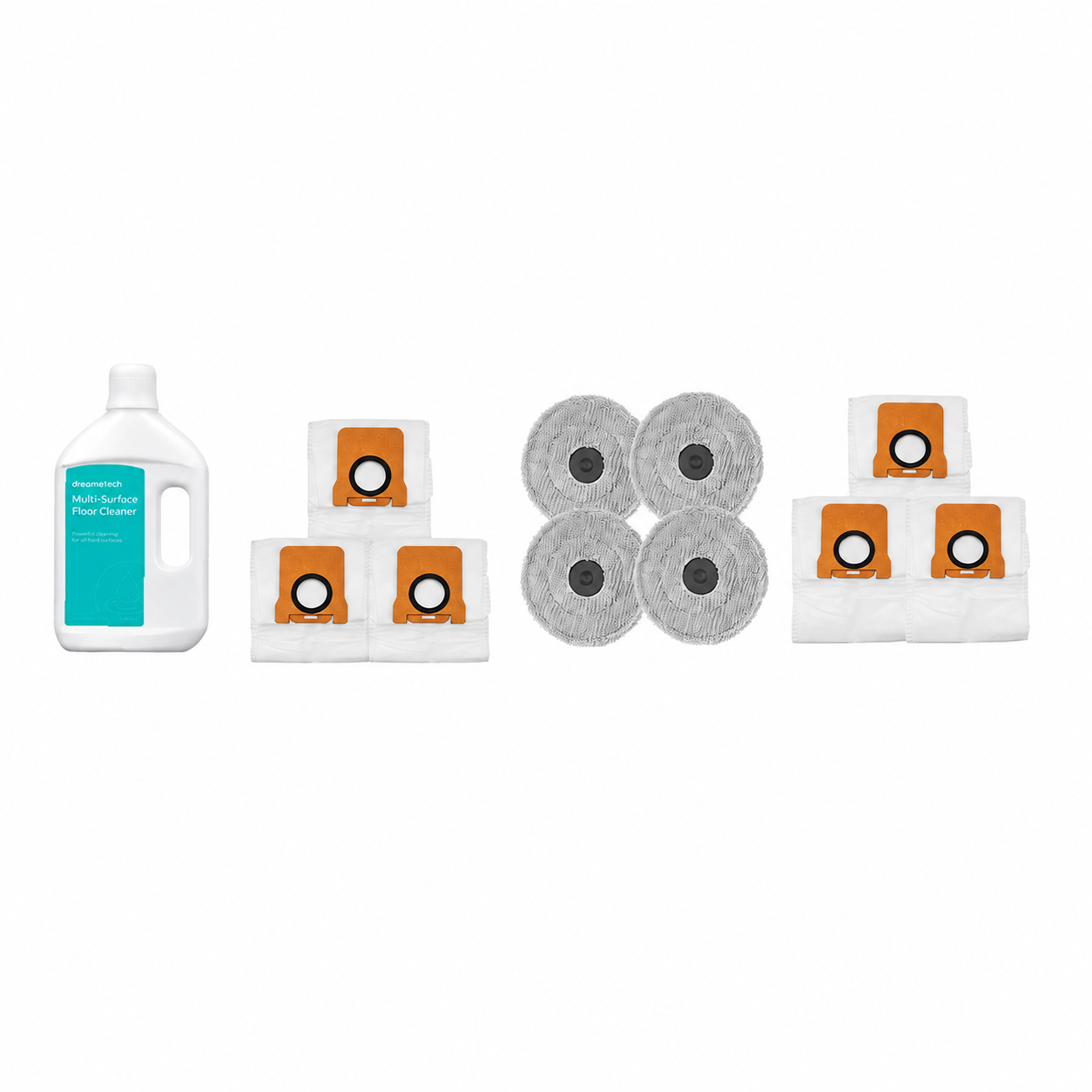 Robot vacuum accessory pack: mop pads, filter rolls, and cleaning solution bottle