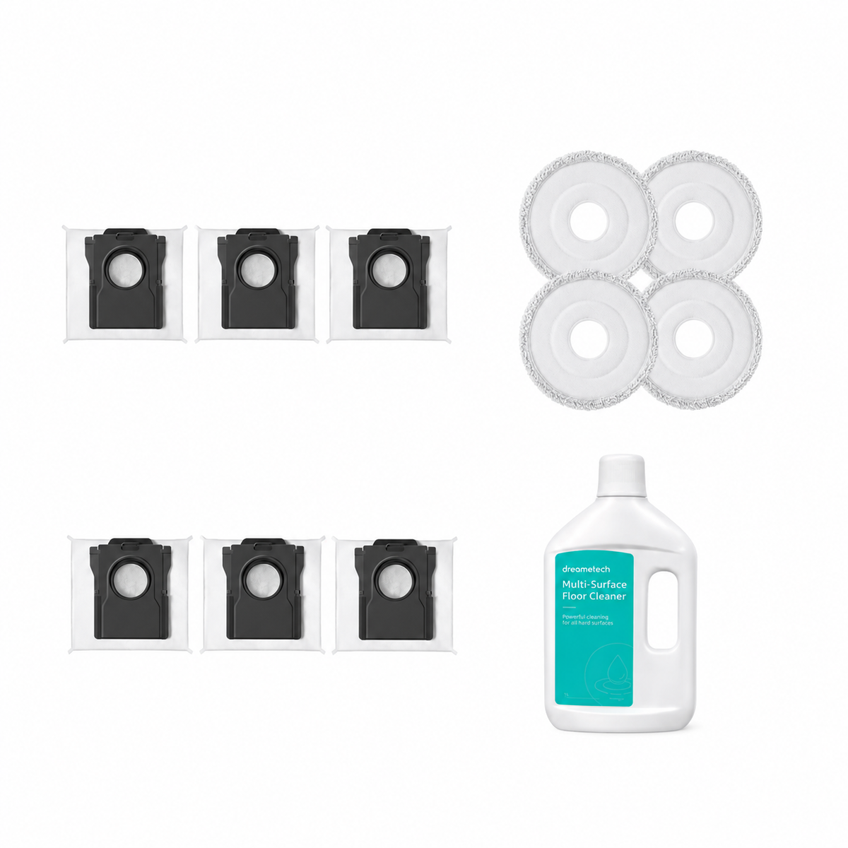 Robot vacuum accessory pack with black filter packs, circular brushes, and floor cleaner bottle