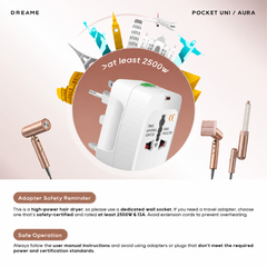 Compact white pocket hair dryer with adapter plug and dual nozzle set