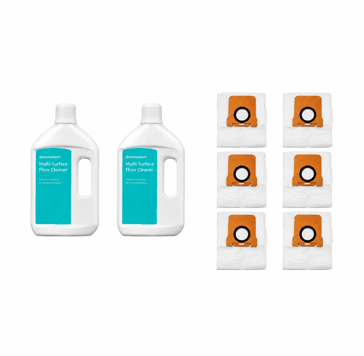 Vacuum accessory pack with 2 multi-surface floor cleaner bottles and 6 orange dust bags