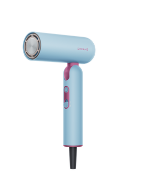 Blue pocket cake hair dryer with round air intake and pink side control panel.