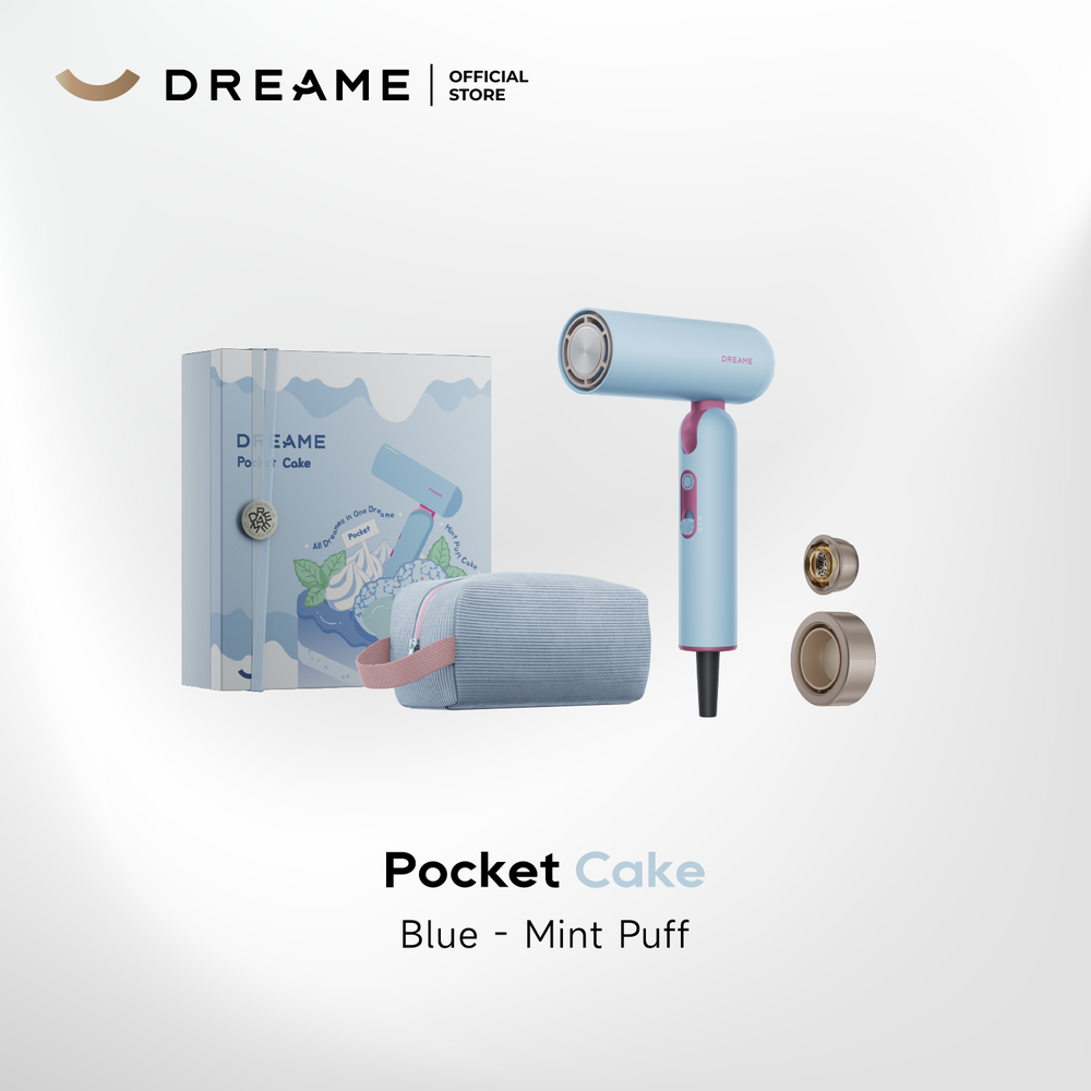 Blue handheld hair dryer kit with narrow nozzle and included storage bag