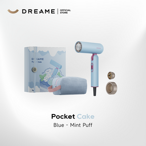 Blue handheld hair dryer kit with narrow nozzle and included storage bag