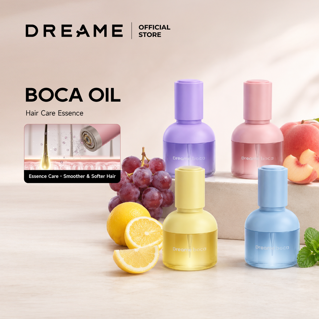 Assorted Boca Oil hair care essence bottles in purple, pink, yellow, and blue