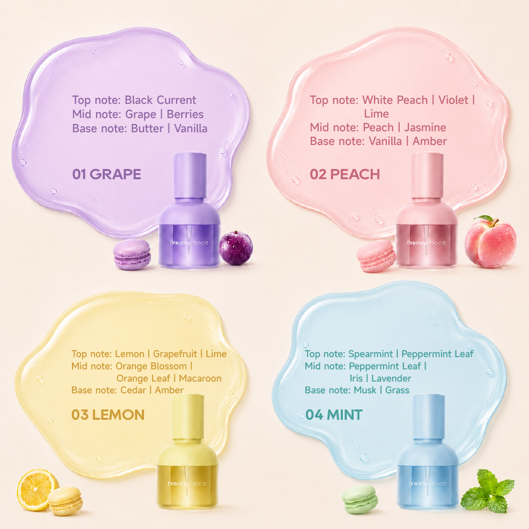 Scent options of hair oil with colored swatches and mini bottle labels