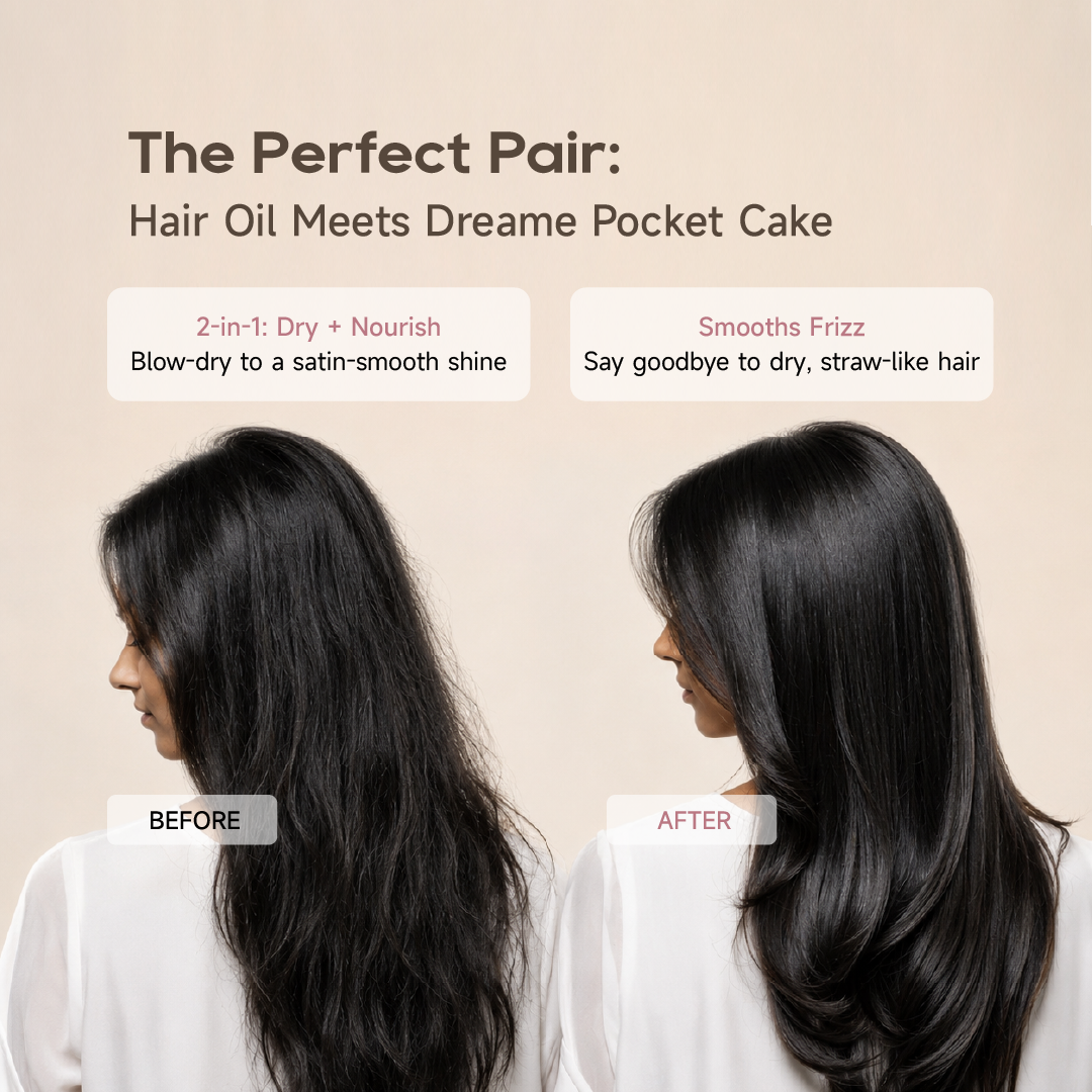 Hair shine treatment shown on black hair before-and-after comparison