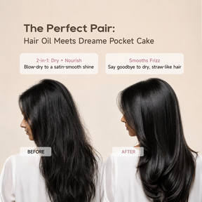 Hair shine treatment shown on black hair before-and-after comparison