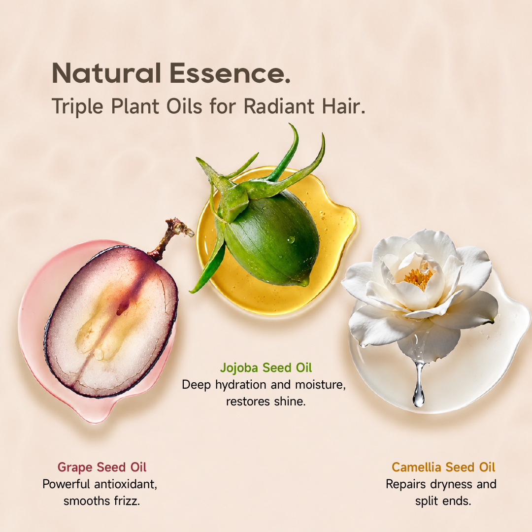 Nourishing hair oil essence display with plant oils and seed ingredients