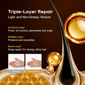Gold-tinted nourishing hair oil with dropper, oil capsule, and small vial