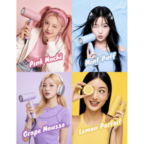 Colorful handheld hair dryers: pink, mint blue, lavender, and yellow with styling tips