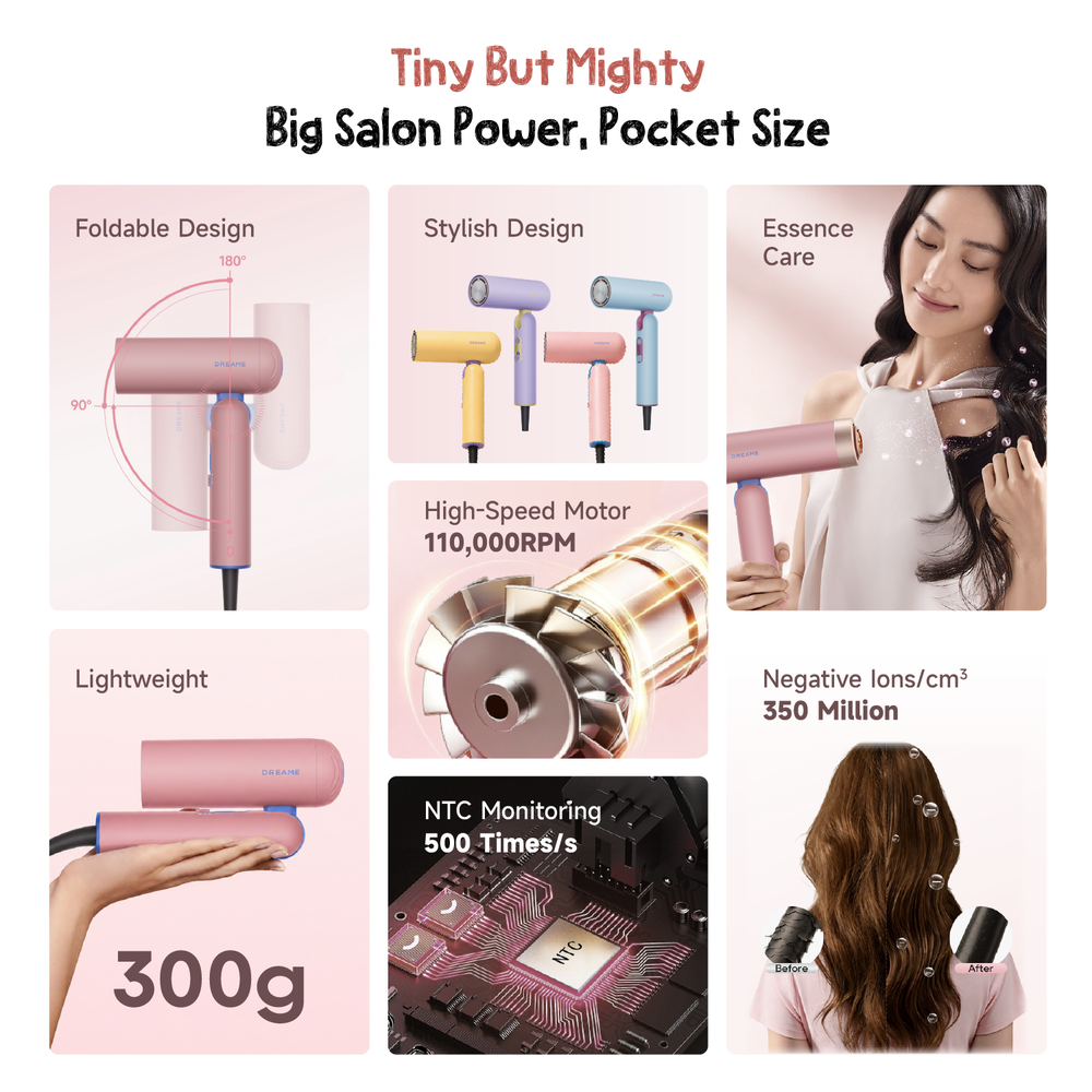 Pocket Cake foldable hair dryer features collage with pink and light blue units