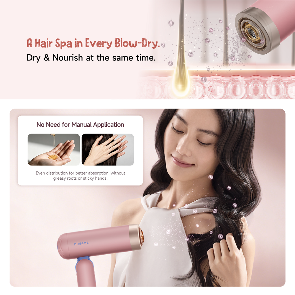 Handheld pink hair dryer near water spray droplets with diffuser-style nozzle