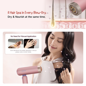 Handheld pink hair dryer near water spray droplets with diffuser-style nozzle