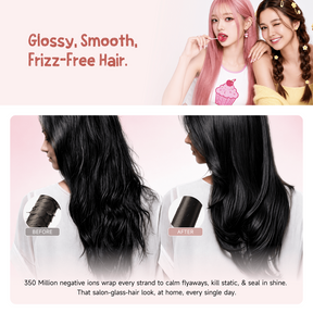 Handheld hair dryer with before-and-after hair comparison; two styles shown