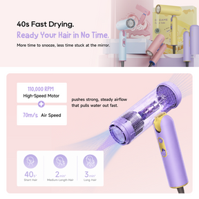 Handheld purple hair dryer with nozzle close-up and airflow graphic shown